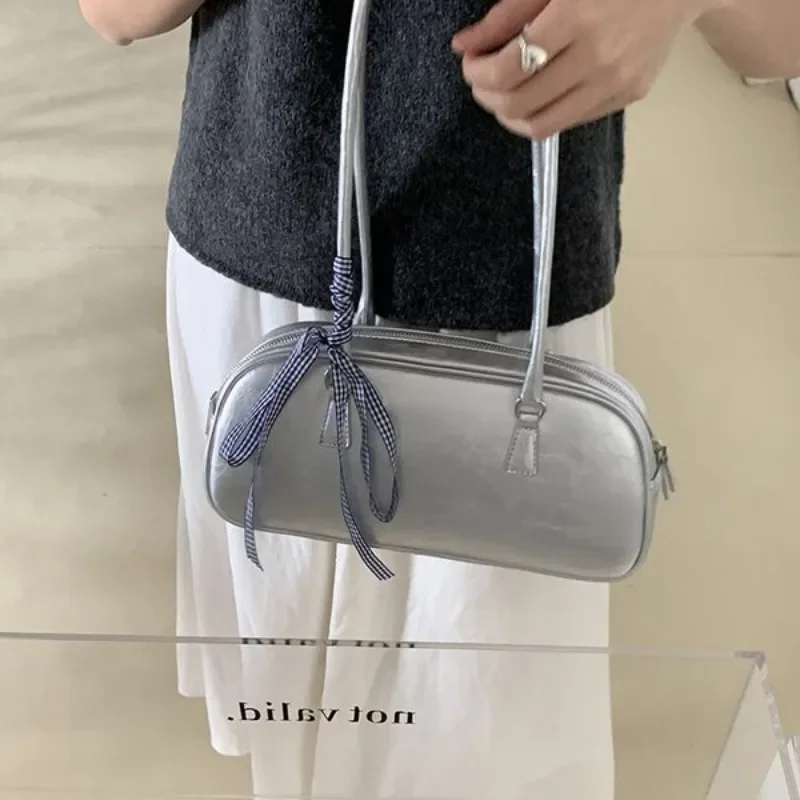 Xiuya Silver Leather Womens Shoulder Bag Casual Korean Style Fashion Elegant Handbag Aesthetic Female Exquisite New Armpit Bag