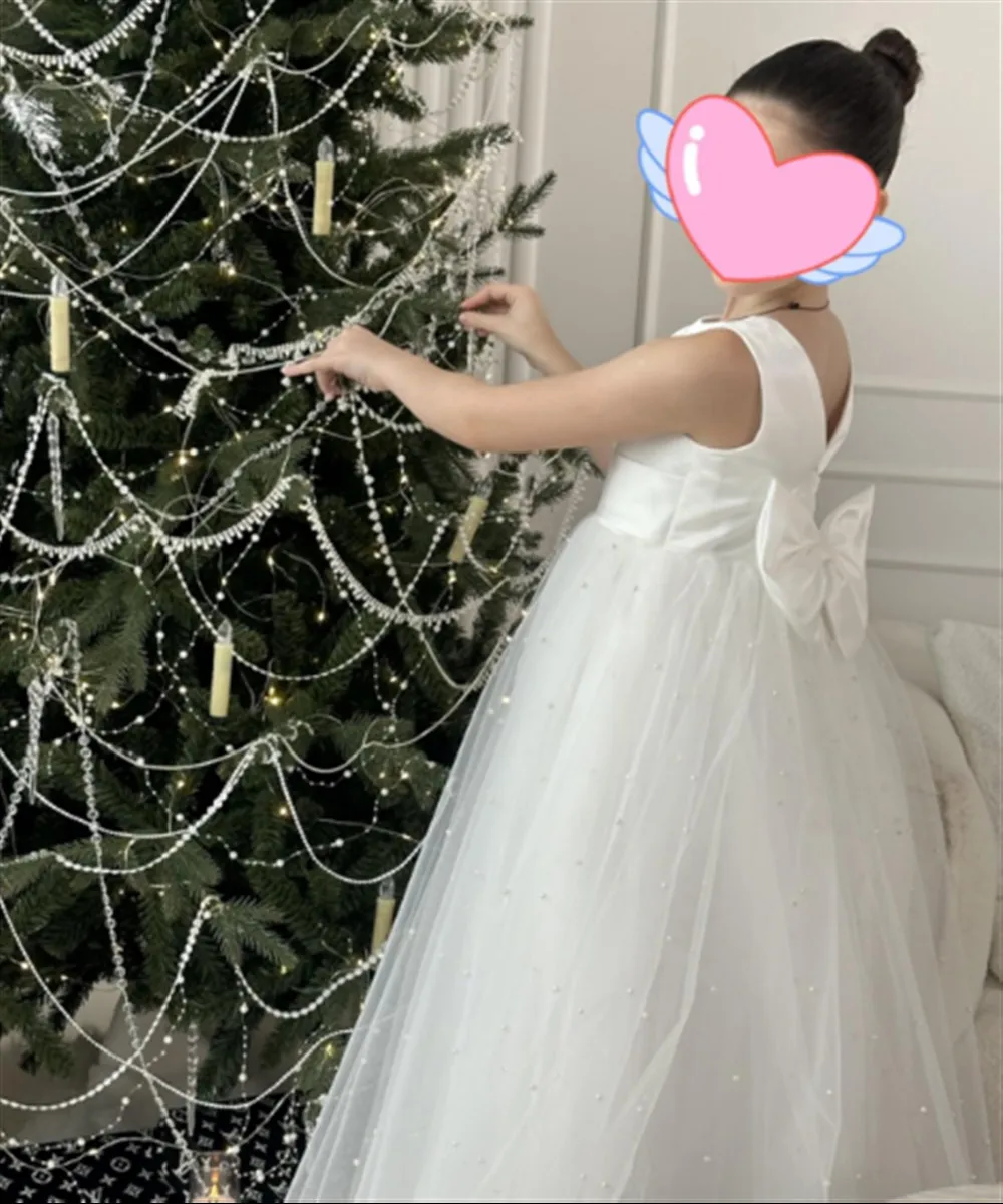Lovely Flower Girl Dress for Wedding Pearls with Bow-Knot Belt Kids Princess Communion Pageant Ball Gown Customized