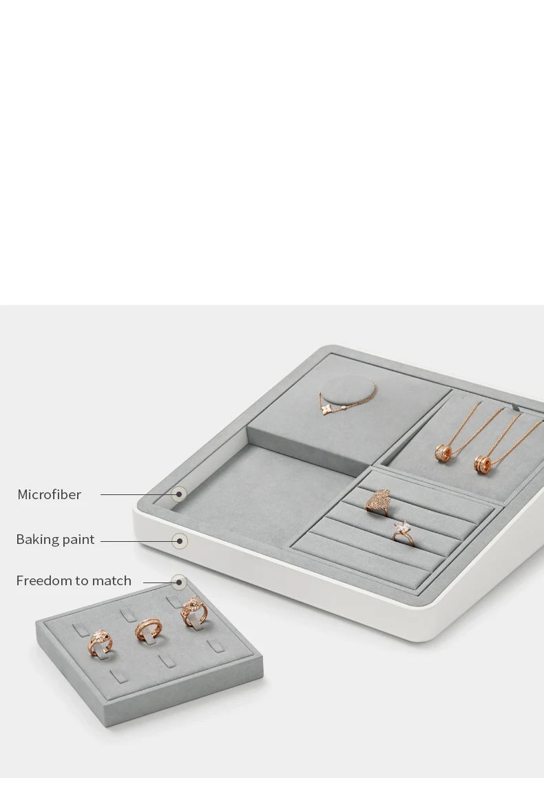 Oirlv Graues Schmuck-Display-Regal aus Mikrofaser, Schmuck-Organizer für Ringe, Ohrringe, Halsketten, Uhren, Aufbewahrungstablett, Ausstellungsstück für Juweliergeschäfte – Detail 9