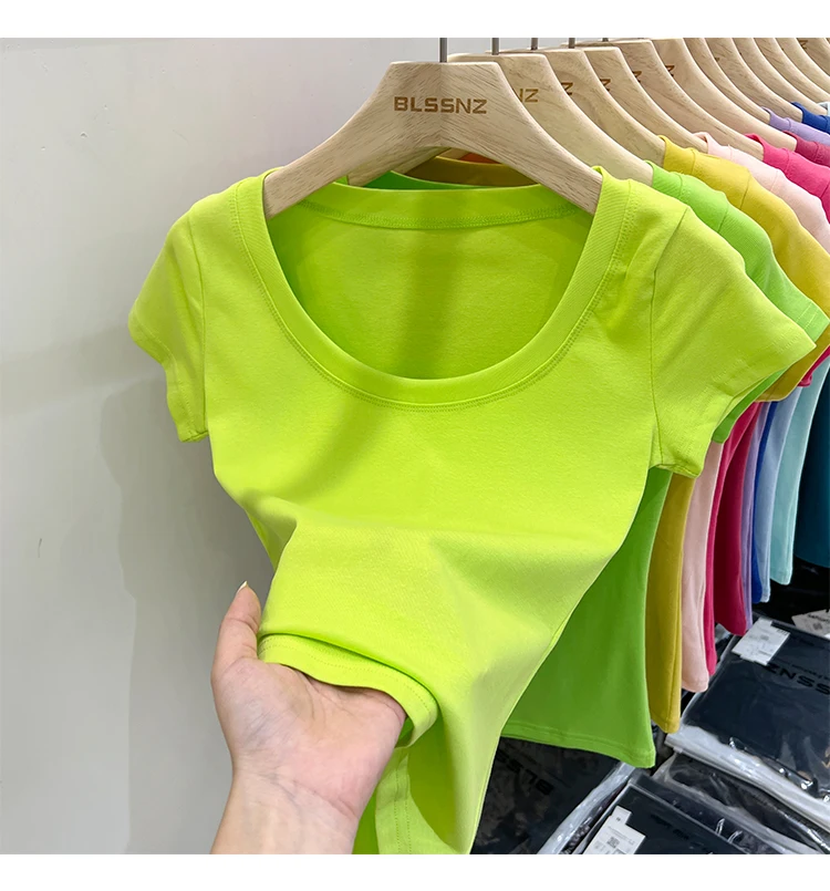 2026 Sexy Quadratischer Ausschnitt Slim T-Shirt Damen Baumwolle Elastisch Basic Einfarbig Lässige Oberteile Kurzarm Dünne T-Shirts Transparent – Detail 1