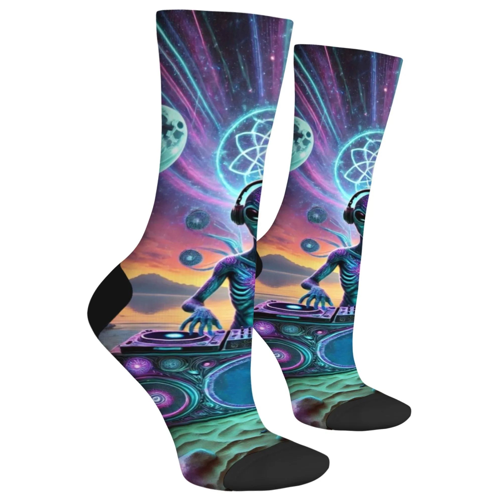 Alien electronic music party theme funny happy socks casual fashion men's socks Harajuku hip-hop style compression socks gift