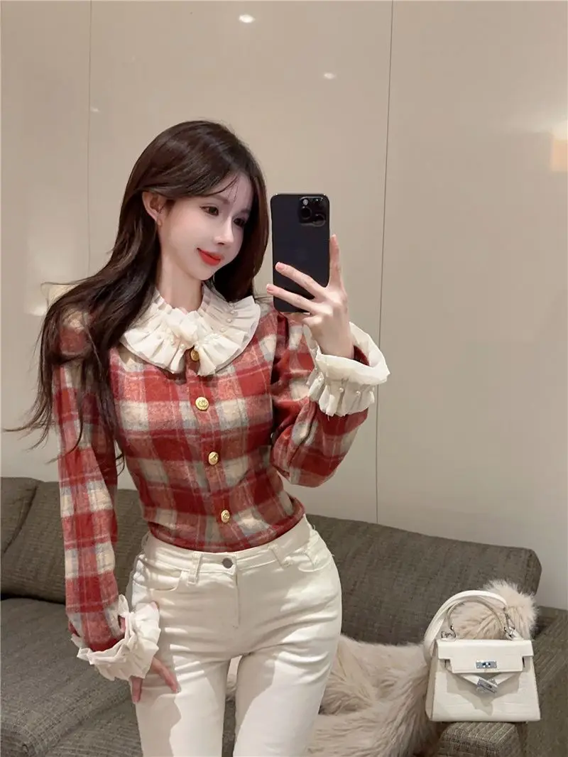 Retro Plaid Shirt with Doll Collar Sweet Long Sleeved French Style Niche Short Versatile Jacket Women\'s Top