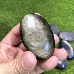 1Pc Silver Golden Obsidian Gold Sheen Palm Stone Oval Natural Crystal Real Gemstone For FengShui Healing Meditation Home Decor