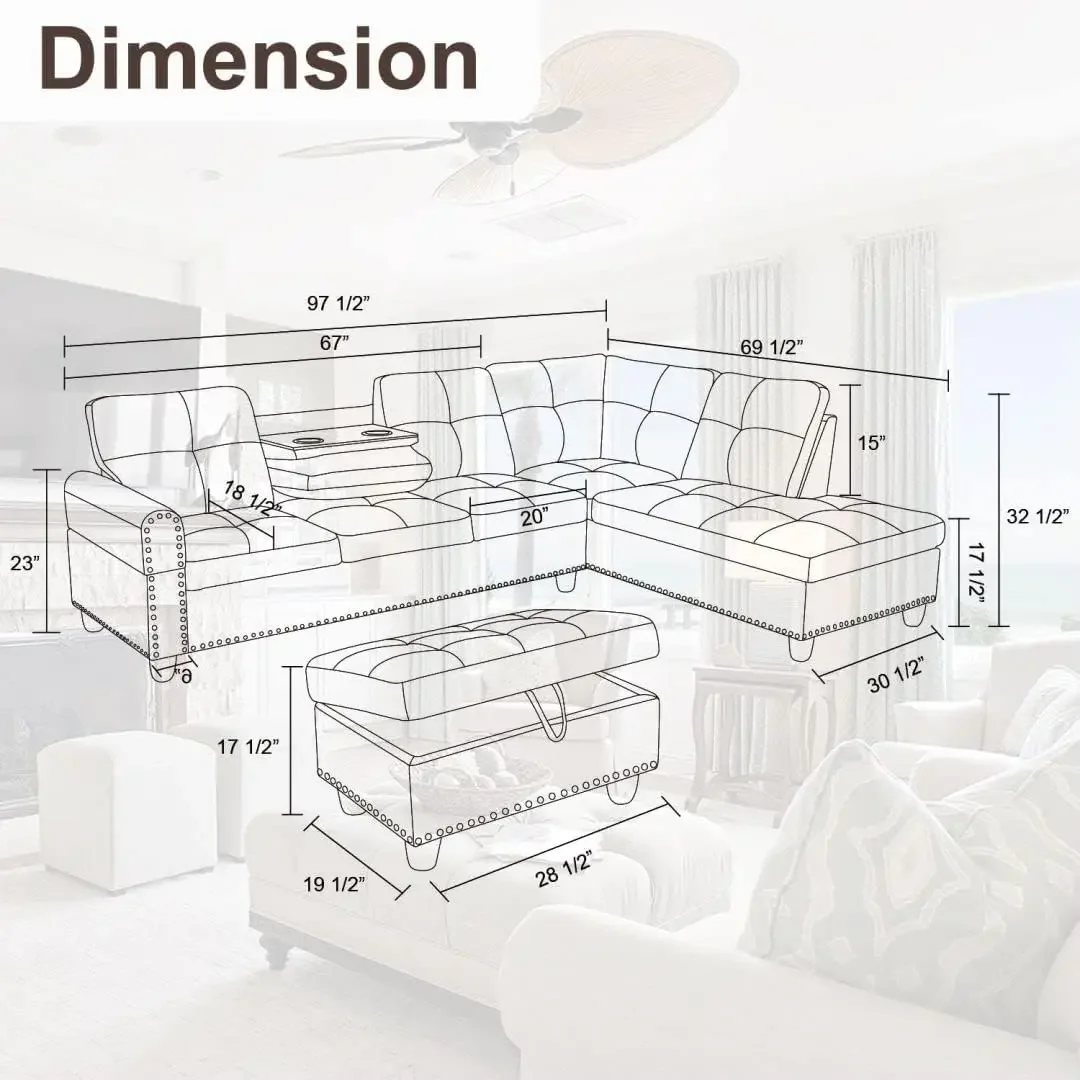 Small Leather Sectional Sofa,Living Room Furniture Sets,L Shaped Couch with Cup Holder and Ottoman