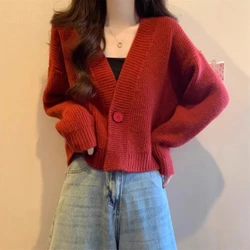 Red V-neck Short Sweater Jacket Women's Knitted Cardigan Lazy Top
