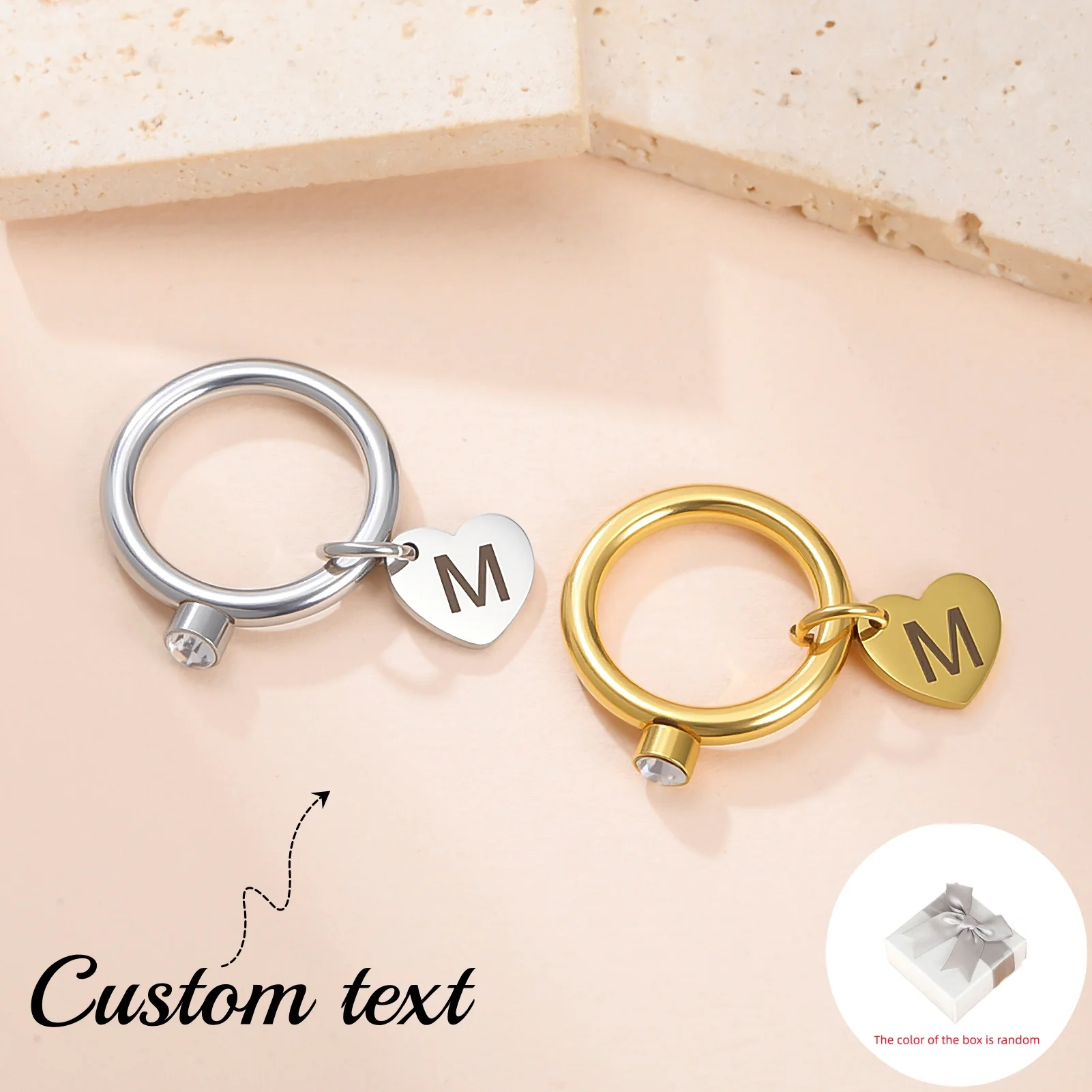 Customized A-Z Initial Love Pendant Ring Stainless Steel Personalized Letter Number and Symbol Heart shaped Water Diamond Ring