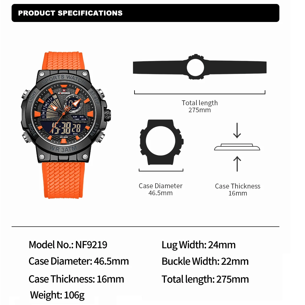 NAVIFORCE Luxury Brand Dual Display Mens Watches LED Digital Sport Military Wristwatches Men Chrono Alarm Watch