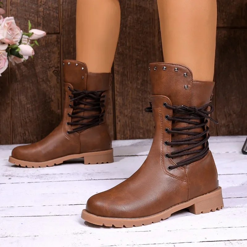 Botas de media caña de cuero sintético con cordones, de color marrón, para mujer, ideales para la primavera y el otoño, con suela antideslizante, cremallera lateral y diseño de estilo vaquero. Calzado femenino.