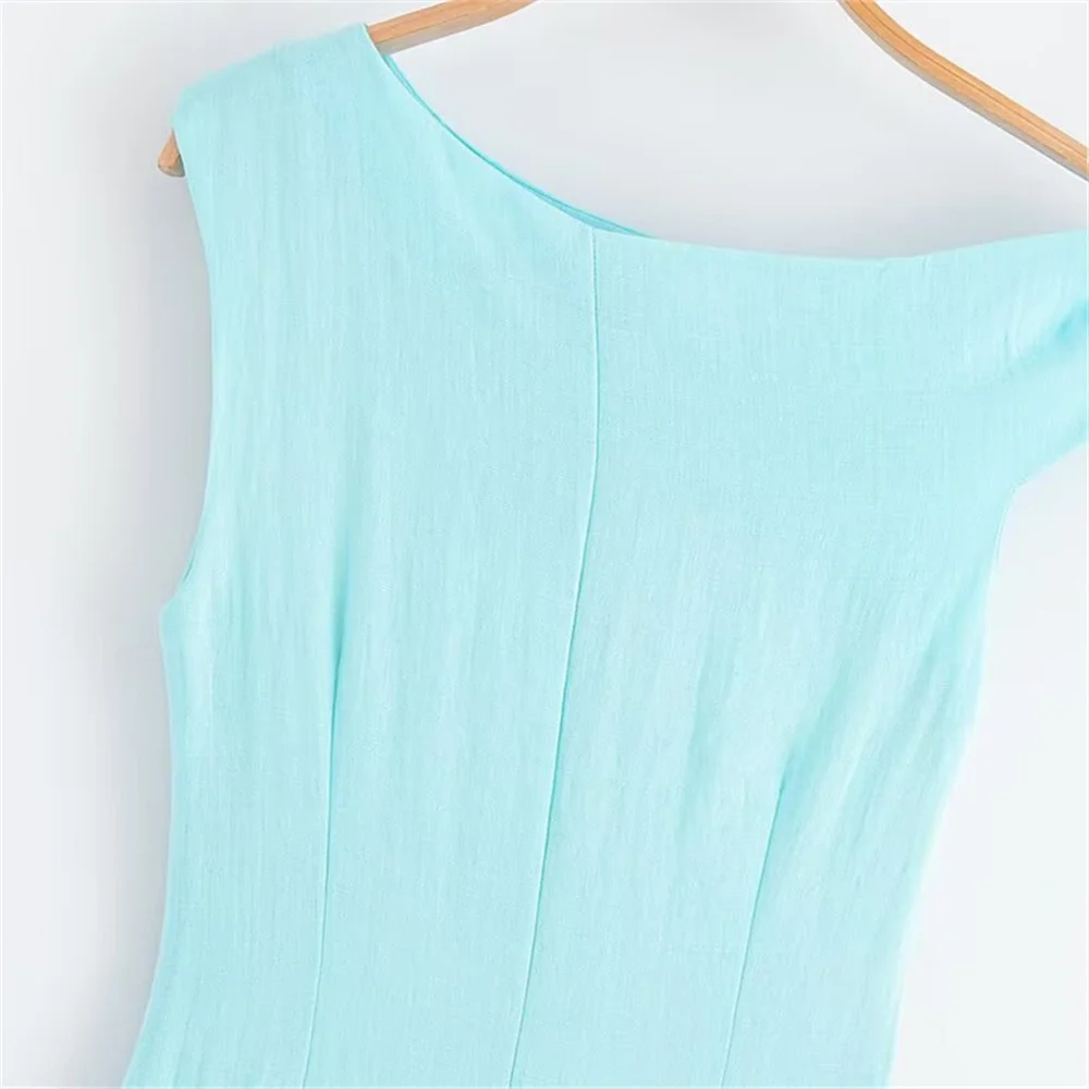 Abito da flauto asimmetrico da donna con decorazione in tinta unita intarsiata Primavera/Estate Nuovo abbigliamento da donna