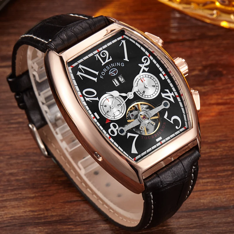 FORSINING Luxury Tonneau Men\'s Mechanical Watch Skeleton Automatic Date Dial Design Chronograph Leather Strap Business Clock New