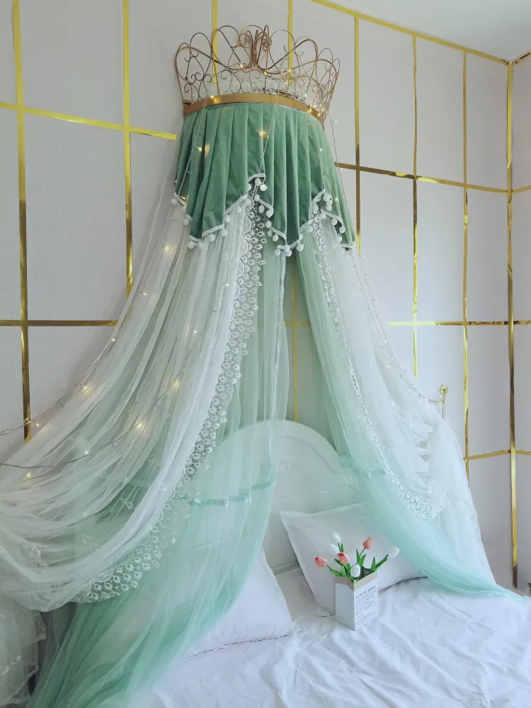 Mosquito net zipper fully enclosed household bedroom Morandi green small fresh new warm embroidery