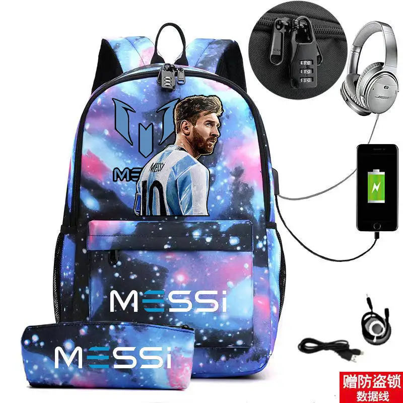 Mochila de Messi para hombre y mujer, morral escolar de dibujos animados para ordenador portátil, 2 piezas