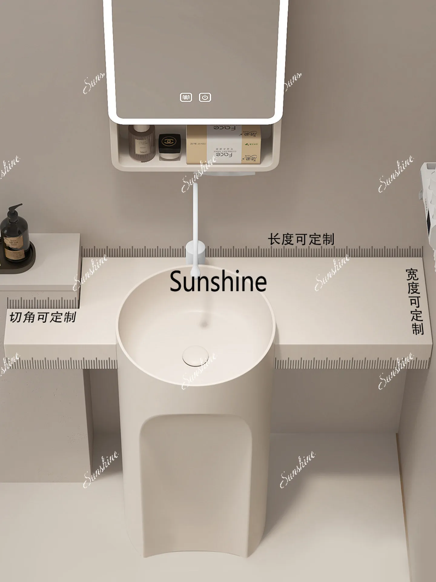 Sintered stone countertop, ceramic column basin, bathroom floor-standing style