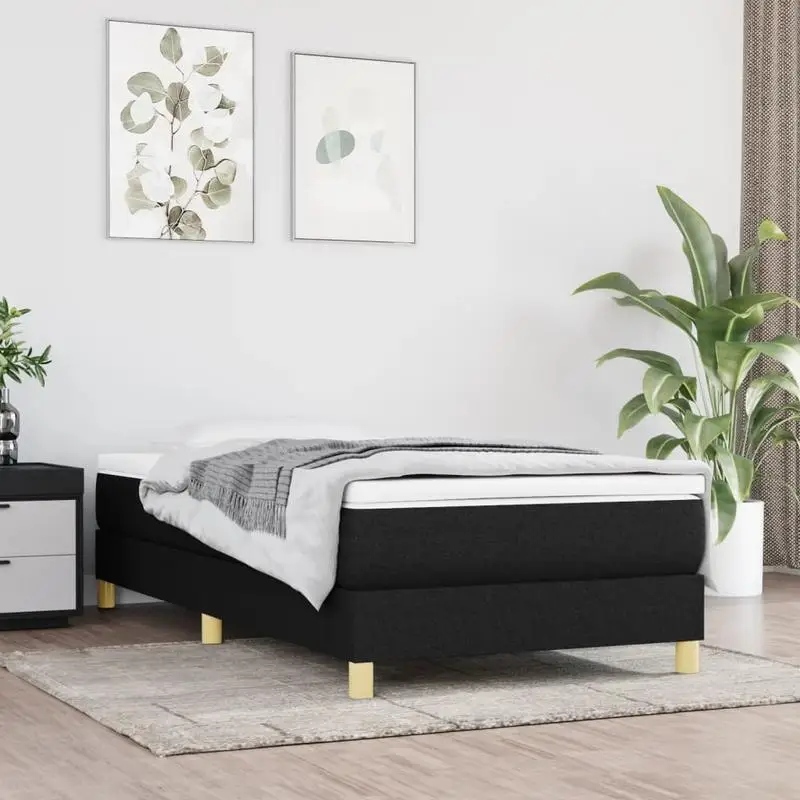 Estructura de cama con listones negros de 90x200 cm, tela que se adapta a un estilo de dormitorio moderno