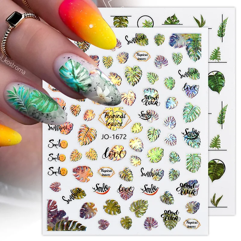 Green Leaf 3D Nail Sticker  Gold Silver Flowers Adhesive Sticker Nail Art Decorations Water Sliders