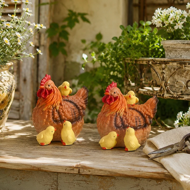 Country Style Resin Hen Chicks Family Figurine Set Farm Animal Statue for Cottage Garden Balcony Stone Table Decor Accent view 6
