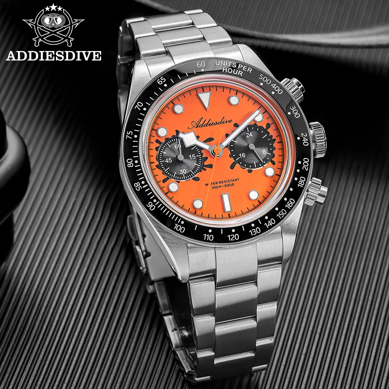 ADDIESDIVE Quartz Chronograph Watches VK64 Movement Bubble Glass 316L Steel Men's Watch 100m Waterproof Ceramic Bezel Luminous