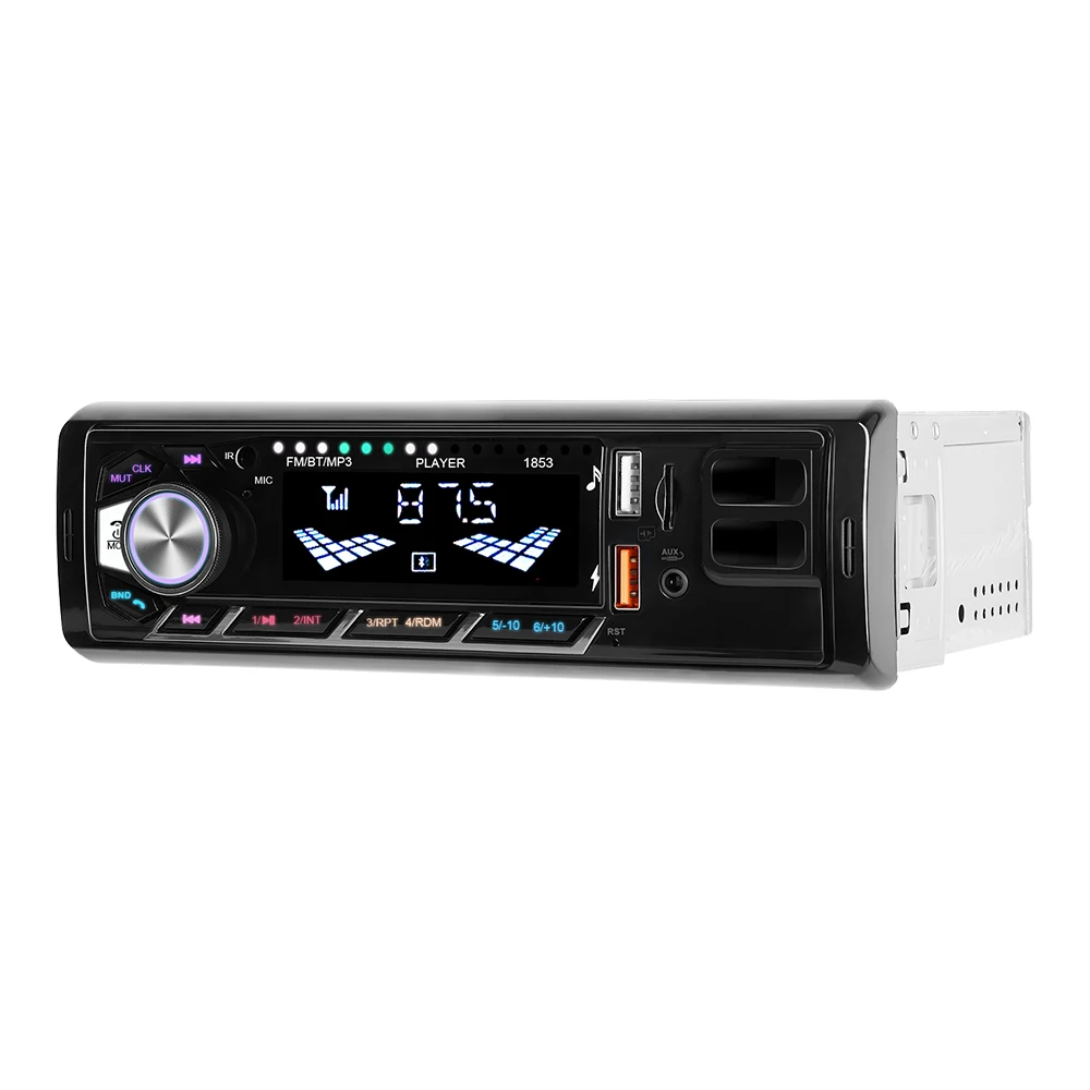Podofo 1Din Samochodowy Odtwarzacz MP3 AUX Uniwersalny Odtwarzacz Multimedialny Radio Samochodowe FM Bluetooth Wideo Ładowanie USB Pilot FM Audio Samochodowe Kolorowe Podświetlenie Uchwyt na Telefon — 2