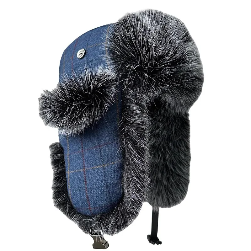 Winter Plaid Trapper Hat for Men Warm Thick Furry Lined Ear Flap Cap