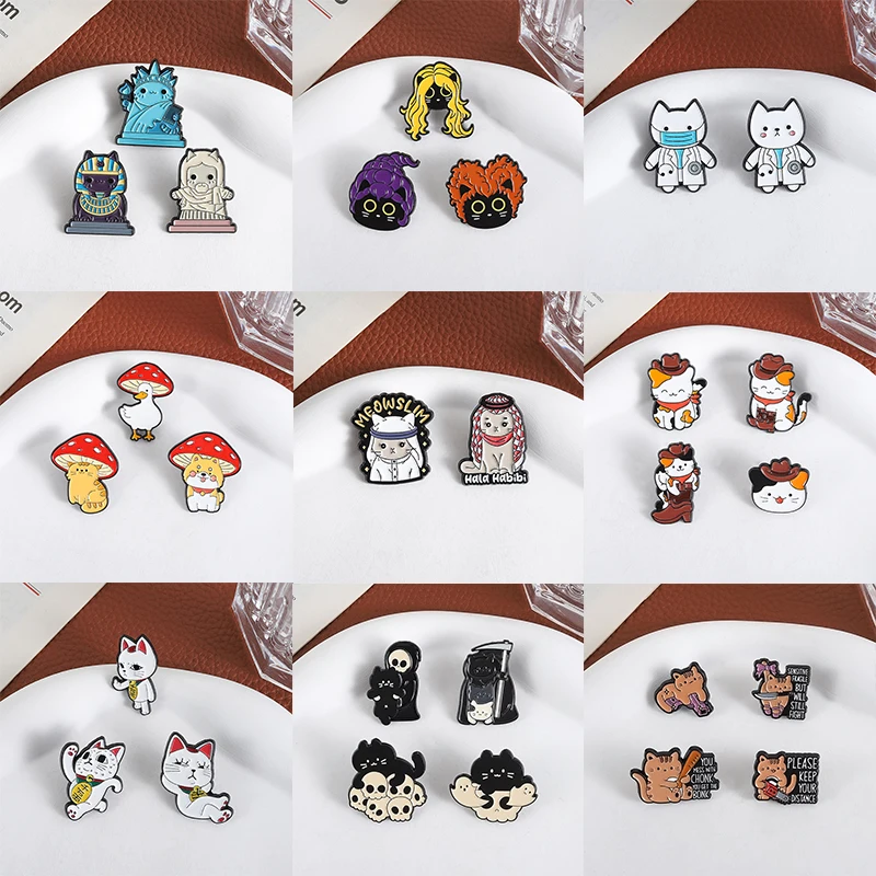 2-6 unids/set de alfileres esmaltados de gatos de dibujos animados, estatua de la muerte de bruja vaquera, perro, Panda, ganso, broche musulmán, insignia de solapa, regalo para amigos