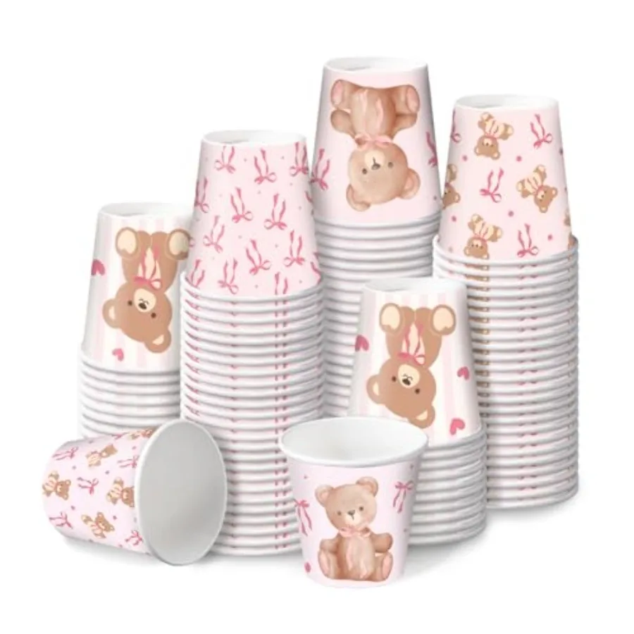 

3 oz Bathroom Cups, Disposable Paper Cups - 100 Pack Set Pink Bow and Bear Design Printed - Mini Mouthwash Rinse Paper Cups for