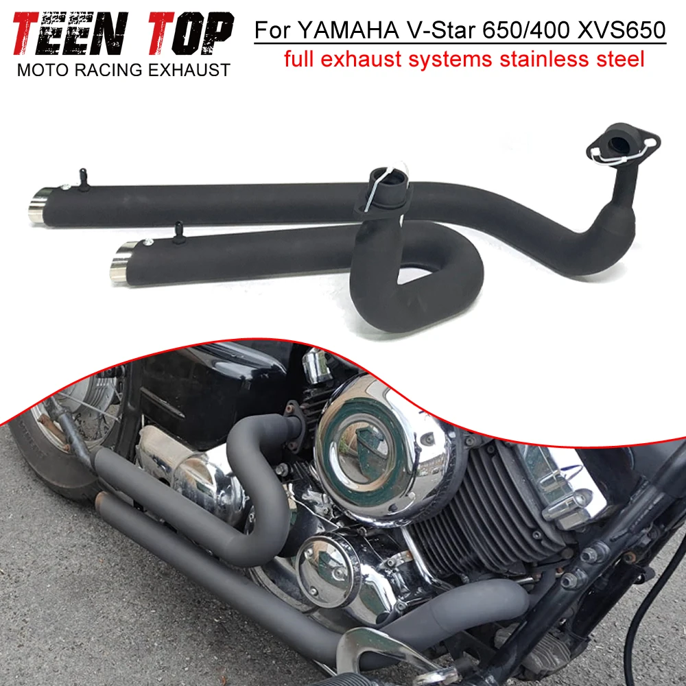 Sistema de Escape Completo para Motocicleta Yamaha XVS400/V Star 650/400, Curva de Escape XVS650 com Acabamento Preto, Tubo de Conexão Dragstar 650