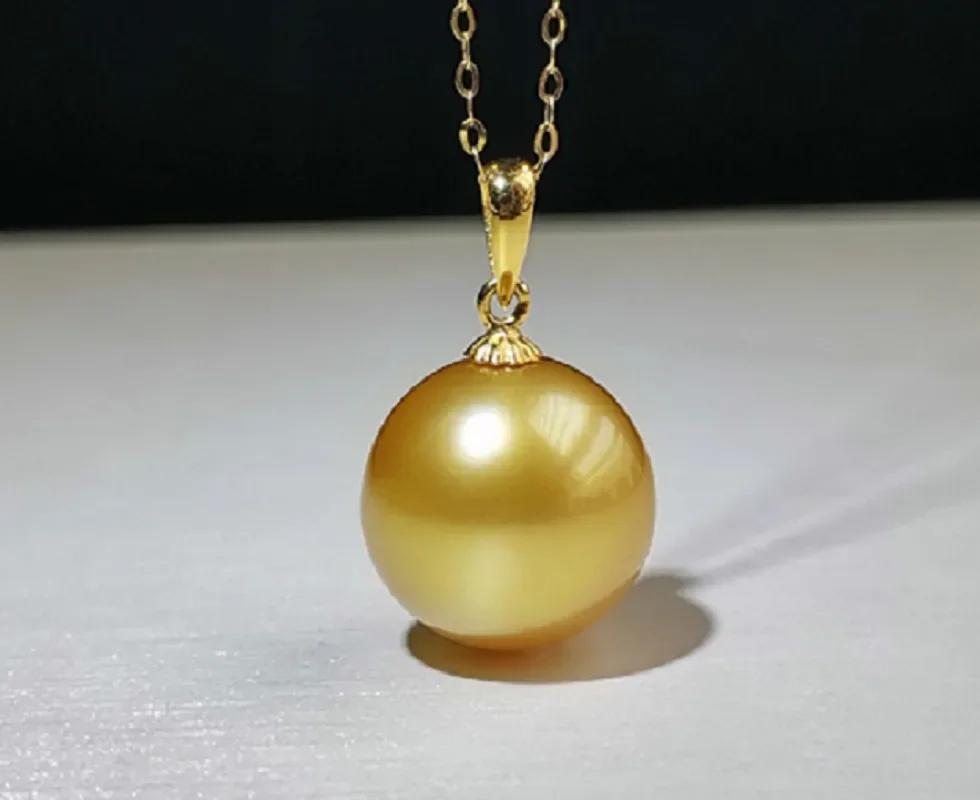 Luxury Huge 13-14mm Genuine Gold Perfect Round Pearl Pendant Necklace Women Jewelry Wedding Party Gift 925 Sterling Silver AAA