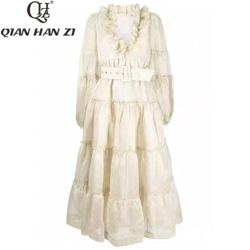 

Qian Han Zi Designer Fashion women's lantern sleeve dress V-neck 2023 new Ruffle striped splicing Vintage belt slim Long dress