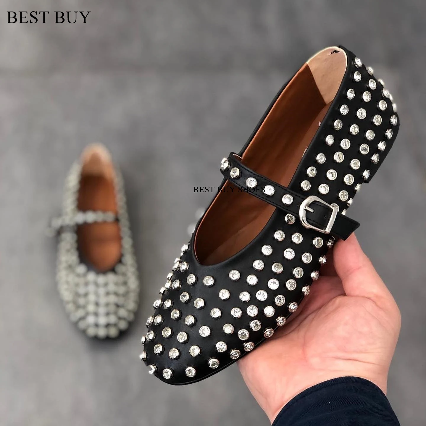 

2024 Stylish Studded Crystal Women's Mary Jane Ballet Shoes Laofers Casual Soft Leather Comfortable Flats Luxury Women's Shoes