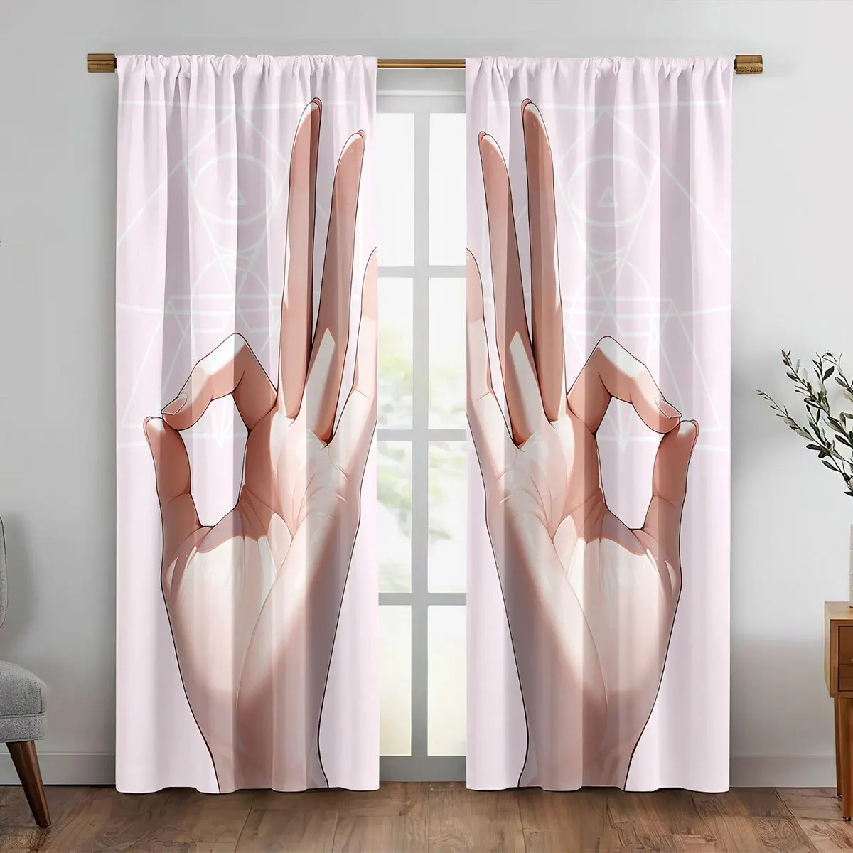 Mudra Hand Curtain, Yoga Lotus Pose Print Drapes, Spiritual Zen Window Curtains, Pink Minimalist Living Room Decor