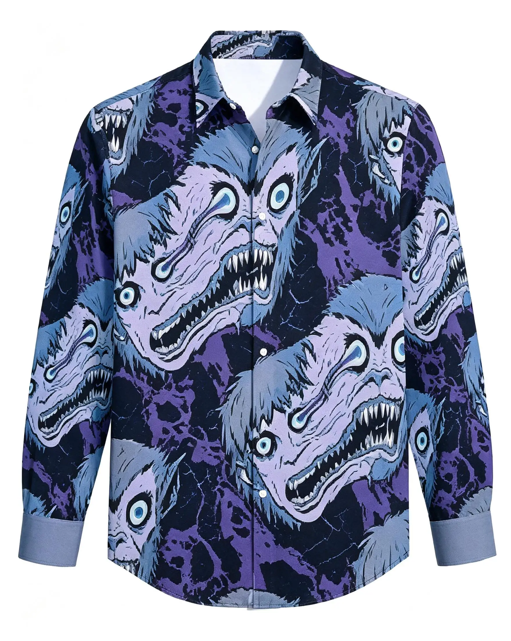 Halloween Men Lapel Collar Shirt Dark Red Horror Creature Graphic Polyester Long-Sleeve Blouse