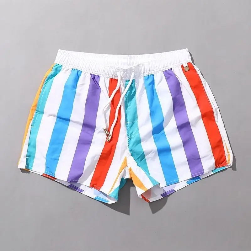 Summer New Rainbow Color Fashion Elastic Waist Beach Pants Man Striped Contrast Color Drawstring Ventilate Y2K Harajuku Shorts