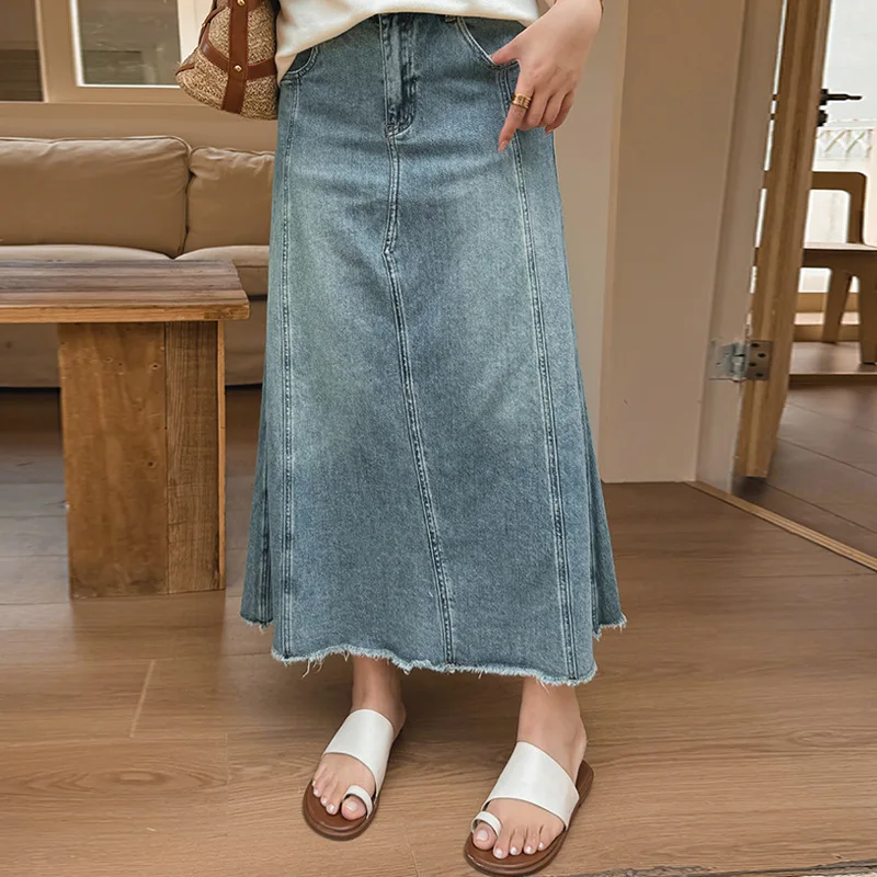 

Джинсовая юбка женская с высокой талией, свободного кроя, больших размеров, удлиненная, весна 2025, хлопок, NQ092