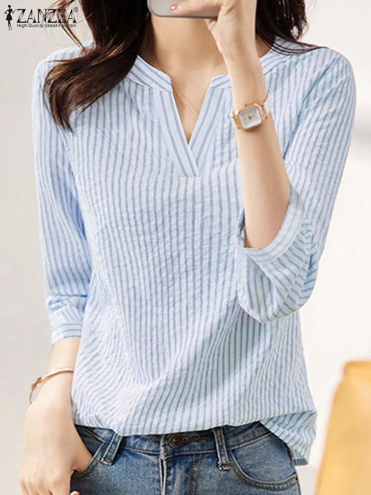 

ZANZEA Women Elegant V Neck 3/4 Sleeve Blouse Fashion Summer Striped Shirt Casual Autumn OL Work Tops Female Party Blusas Mujer