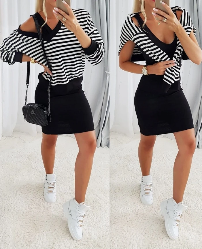 2024 Spring Autumn New Fashion Skirt Set for Women 2Pcs Striped V-Neck Sweatshirt & Thick Strap Bodycon Dress Set