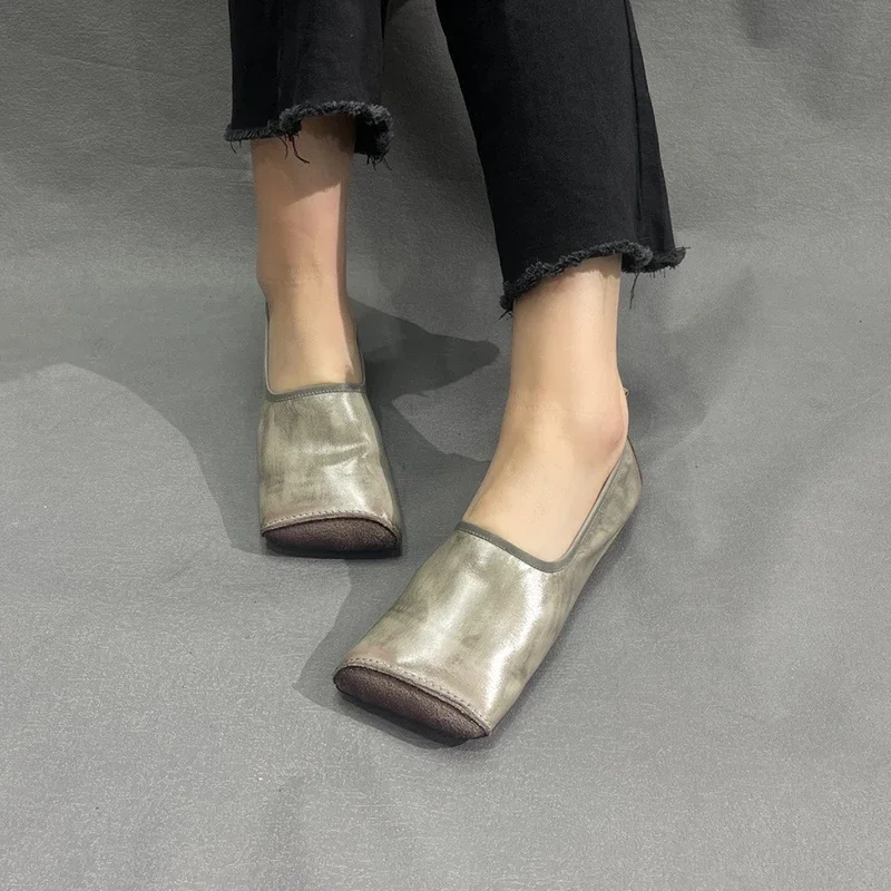 

Birkuir Retro Square Toe Women Flats Shoes Slip On Genuine Leather Loafers 2024 New Low Heel Luxury Handmade Soft Lazy Shoes