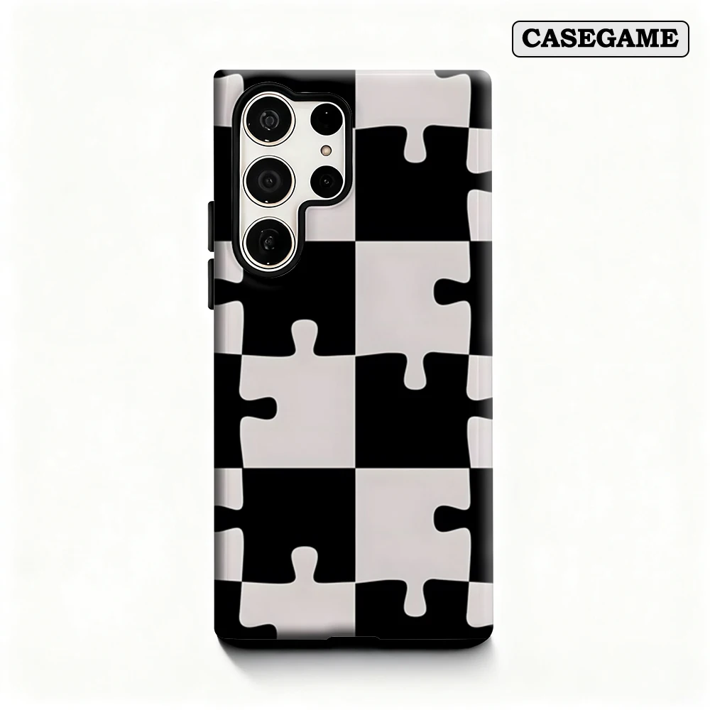 Casegame Phone Case for Samsung Galaxy S25 S26 Ultra S24 S23 Ultra Plus Shockproof Double Layer Black White Puzzle Checker Cover