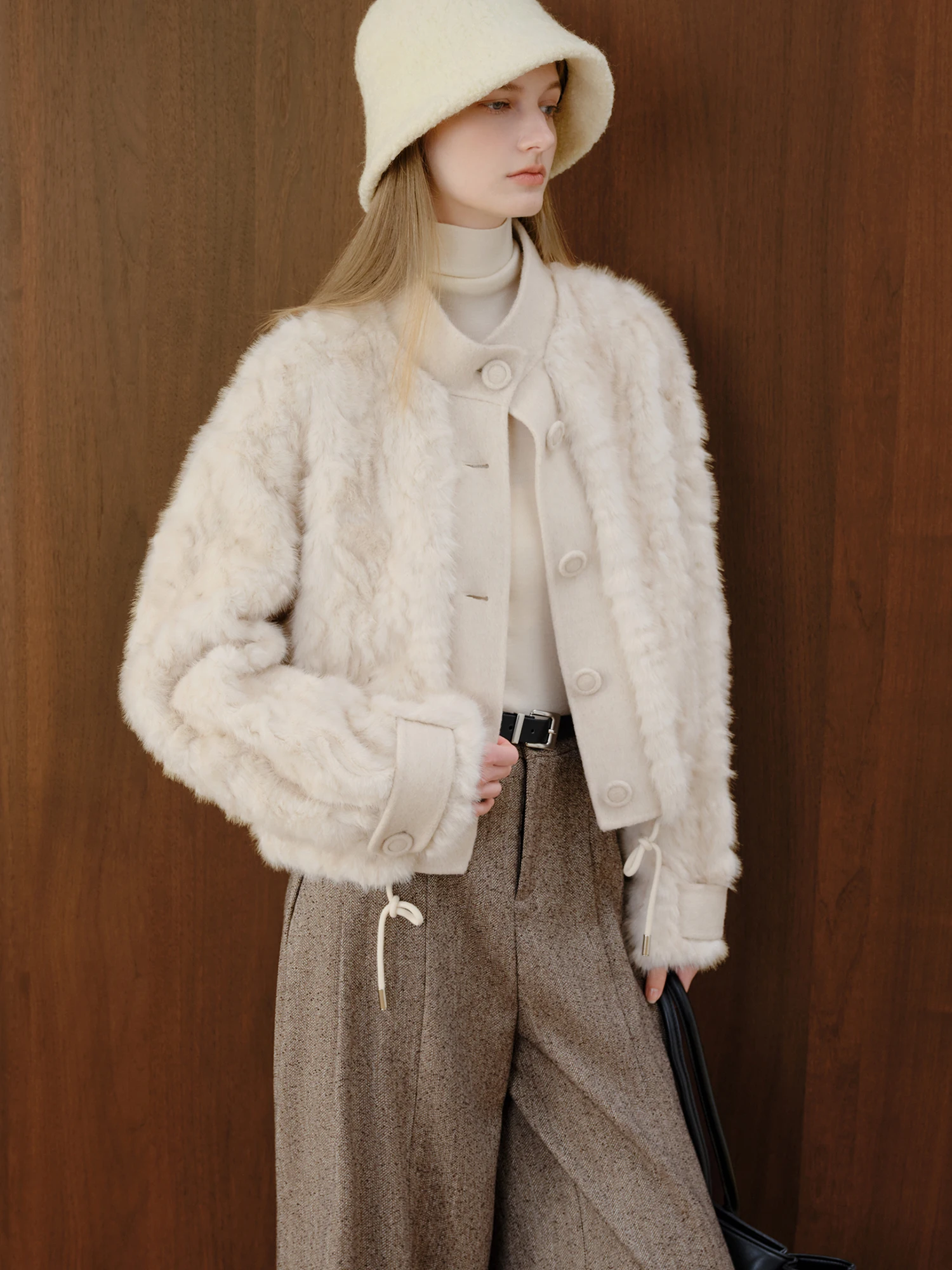 ZIQIAO Petite Women's Fuzzy Imitation Fur Stand-Up Collar Embossed Short Coat 2025 Winter New Arrival Warm Jacket Faux Fur