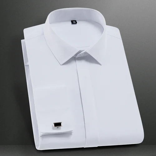 Imagen 1 del producto Camisa de vestir con puños franceses para hombre, camisas blancas de moda de negocios para fiesta de boda romántica de caballero elegante y de manga larga