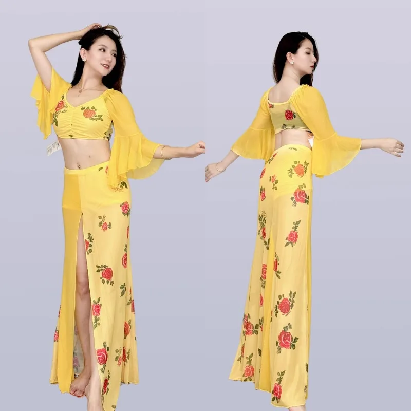 Trajes de dança do ventre personalizados vestido de prática 2025new vestido de dança oriental fundo amarelo rosa trompete mangas roupas de elegância