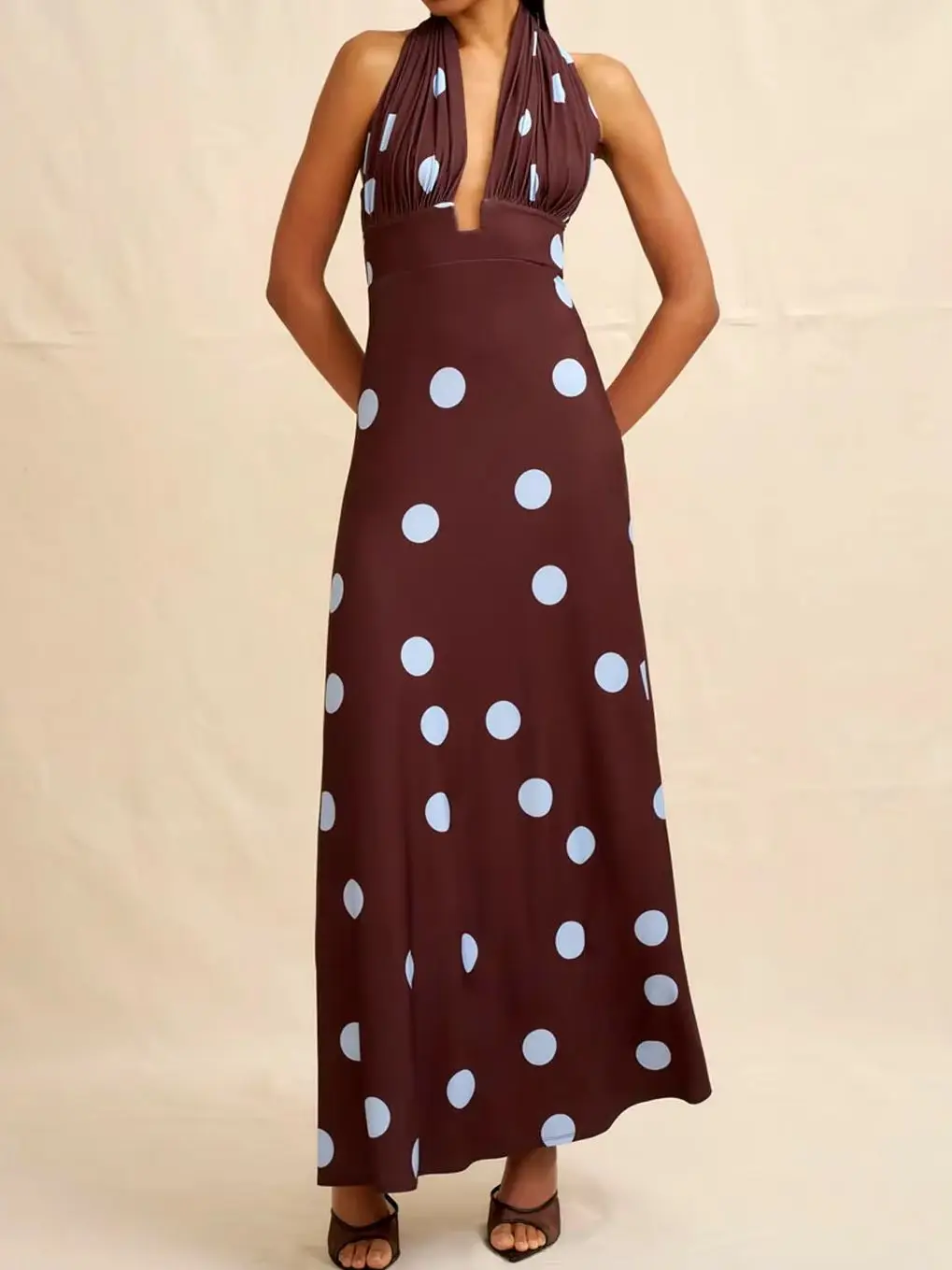 2026 Women Blue Polka Dot Print Long Dress Halter V-Neck Sleeveless High Waist Casual Female Robe