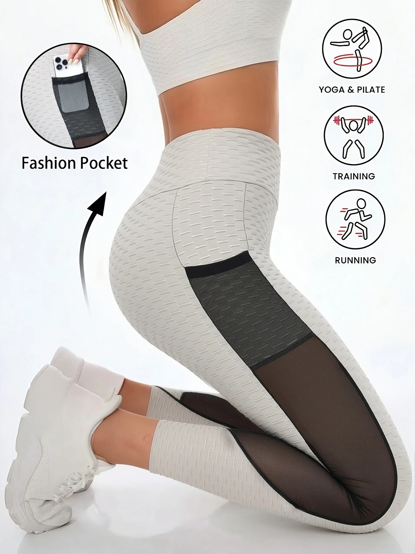 High-Elastic Tummy Control Fitness Leggings, Honeycomb Yoga Butt-Lifting Bubble Pants for Women, Patchwork Butt-Lifting Slim-Fit Fitness Wear Base Layer Leggings