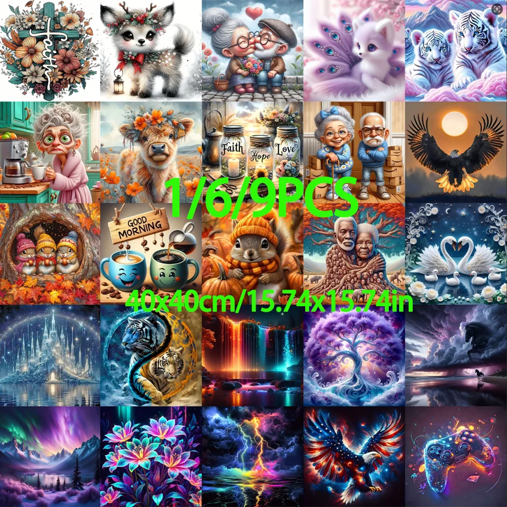 

1/6/9-piece DIY full diamond round diamond painting set, available in most combinations, sizes 15.74x15.74 inches