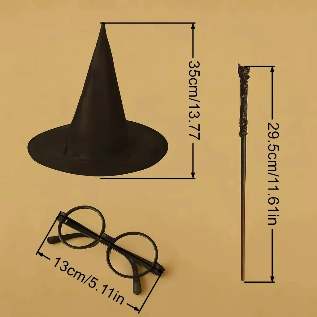 Halloween Wizard Costume Accessory Set Black Witch Hat Round Glasses Magic Wand Cosplay Props for Harry Potter Themed Party Fanc - view 5