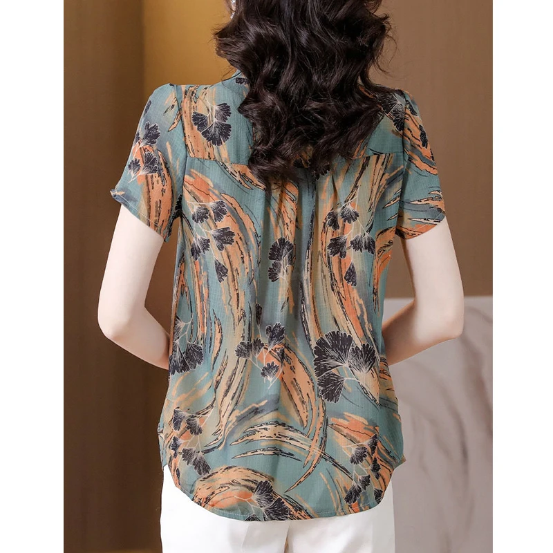 Women\'s Clothing Korean Fashion Vintage Print Elegant Button Up Shirt Summer V Neck Short Sleeve Blouse Cotton Linen Tops Blusas