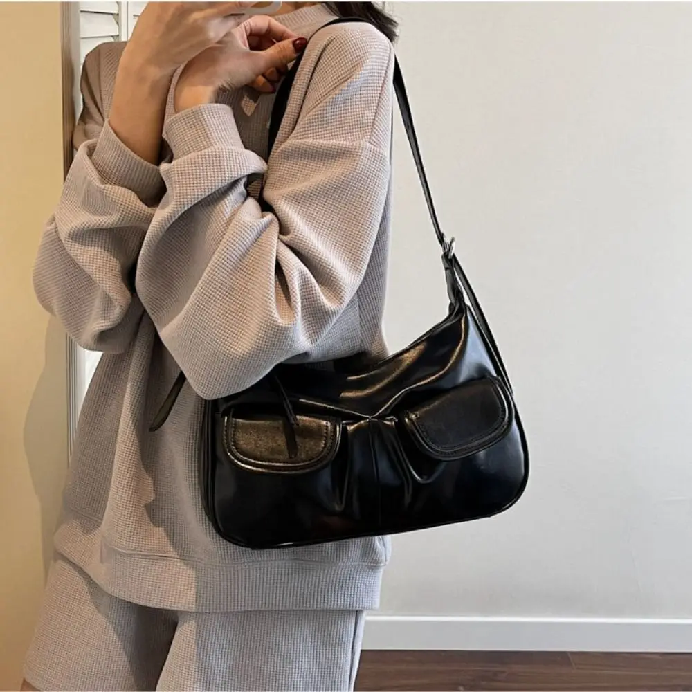 

Luxury Solid Color Crossbody Bag Retro Double Pockets Shoulder Bag High-capacity PU Leather Underarm Bag Ladies