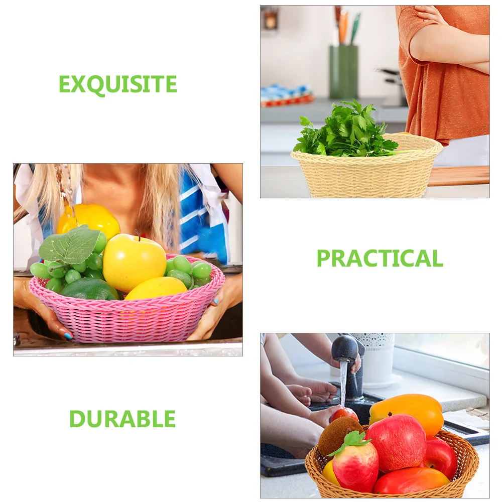 

2Pcs Woven Fruit Baskets Plastic Rattan Storage Baskets for Organizing Serving Bread Snacks Kitchen Tabletop Use