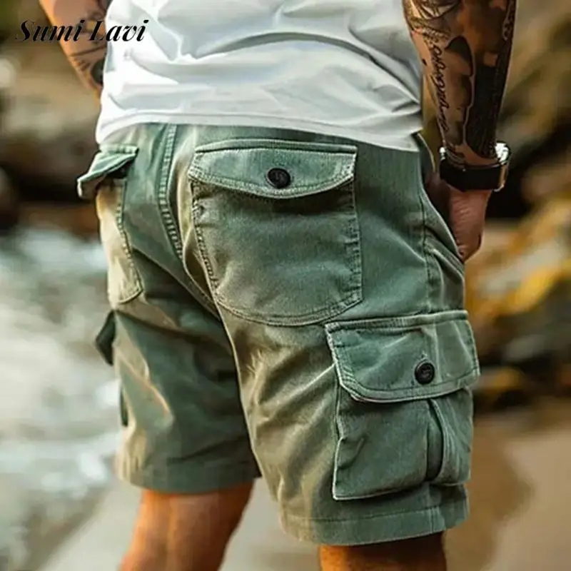 

2026 Summer Casual Mens Loose Cargo Shorts Vintage Pure Color Multi Pocket Corduroy Shorts Men Daily Leisure Straight Shorts 5XL
