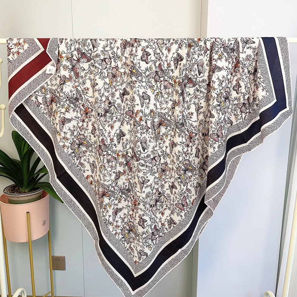 

Квадратный шарф из шелковой шерсти с бабочкой, двусторонний принт, черный и красный контрастный шарф, шелковая шерсть, универсальная шаль