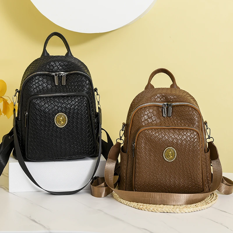 Women Soft Leather Backpack New Woven Pattern High Quality  Leisure Travel Large Capacity School Bag Teenage Girls Black Mochila